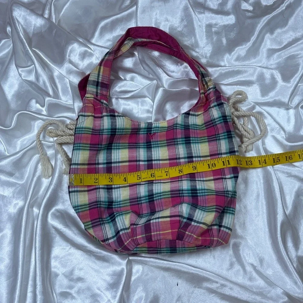 y2k Hobo Bag Pink Excellent American Eagle Plaid Rope Drawstring Canvas Tote